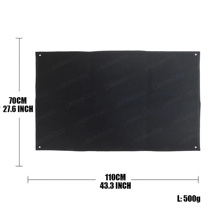 Black patch display board half rolled with dimensions 70x110cm and weight on a white background