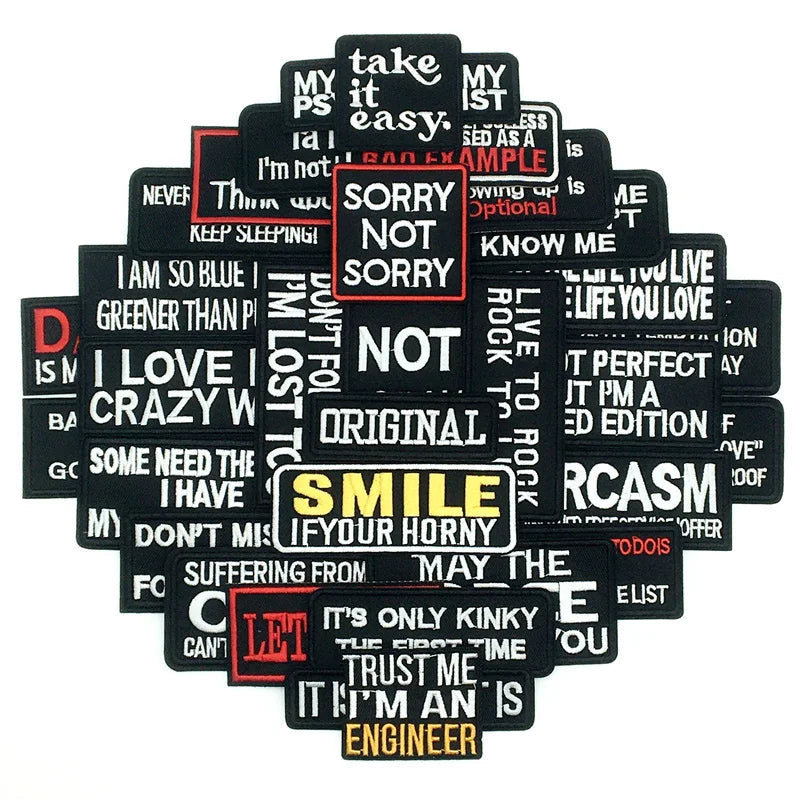 🧷32pcs Slogan Patches – Iron-On Embroidered Quote Labels for Jackets, Bags & DIY Fashion