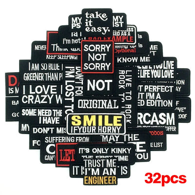 Collection of various stickers with different phrases on a white background