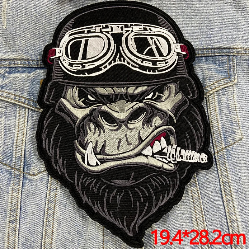 Biker gorilla patch with goggles on denim fabric