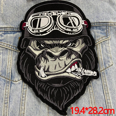 Biker gorilla patch with goggles on denim fabric