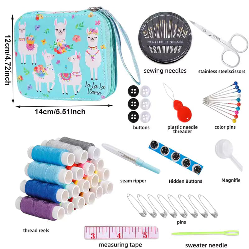 blue sewing kit with llama design dimensions and contents on a white 