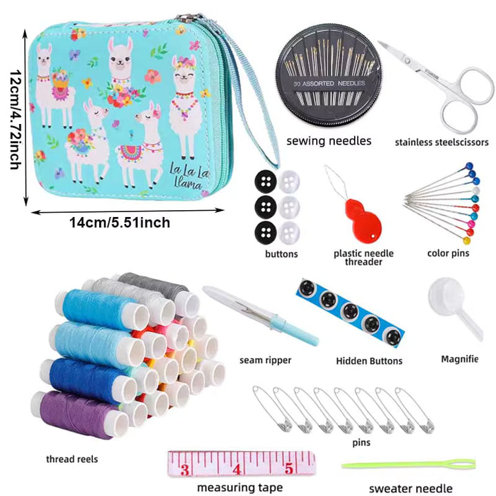 blue sewing kit with llama design dimensions and contents on a white 
