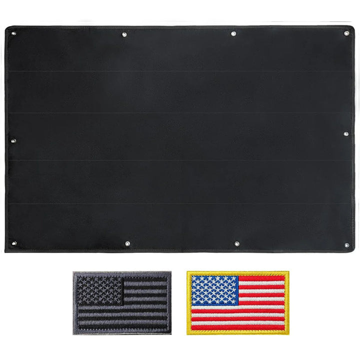 Black patch display board spread open with two American flag patches below it.