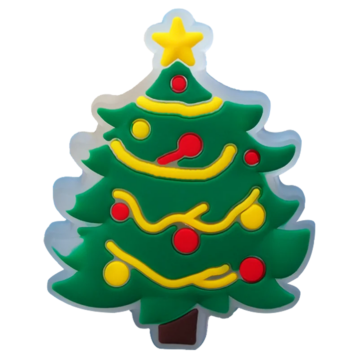 Colorful Christmas tree-shaped decoration with red bulbs, yellow accents, and a star on a white background.