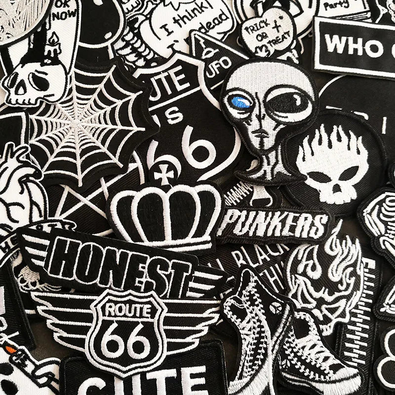 🖤50pcs Black & White Punk Patches – Iron-On Embroidered DIY Set for Jackets, Bags, Jeans, Shirts