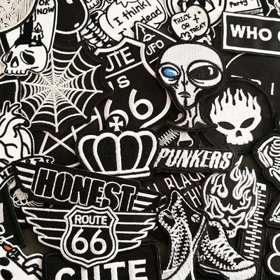🖤50pcs Black & White Punk Patches – Iron-On Embroidered DIY Set for Jackets, Bags, Jeans, Shirts
