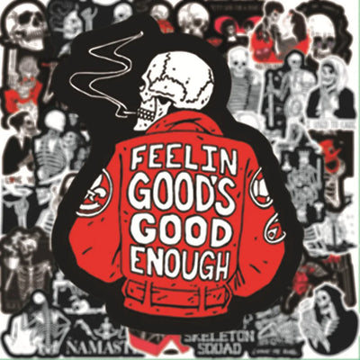 Sticker with skeleton wearing a red jacket with text 'Feelin Good's Good Enough' on a collage background.