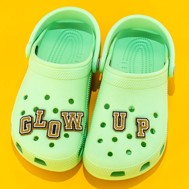 Gold Glitter Alphabet Shoe Charms (26pc A–Z) — Letters for Clogs &amp; Bags