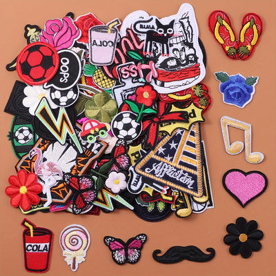 Collection of various colorful patches on a brown background