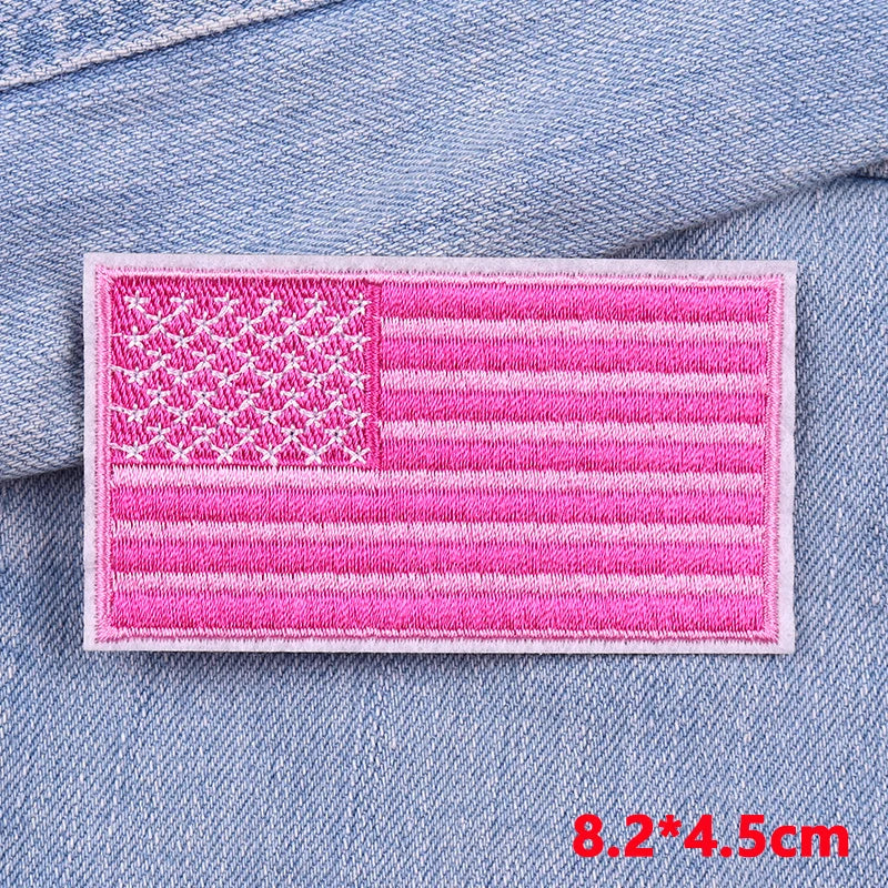 Pink American flag patch on denim fabric with dimensions displayed