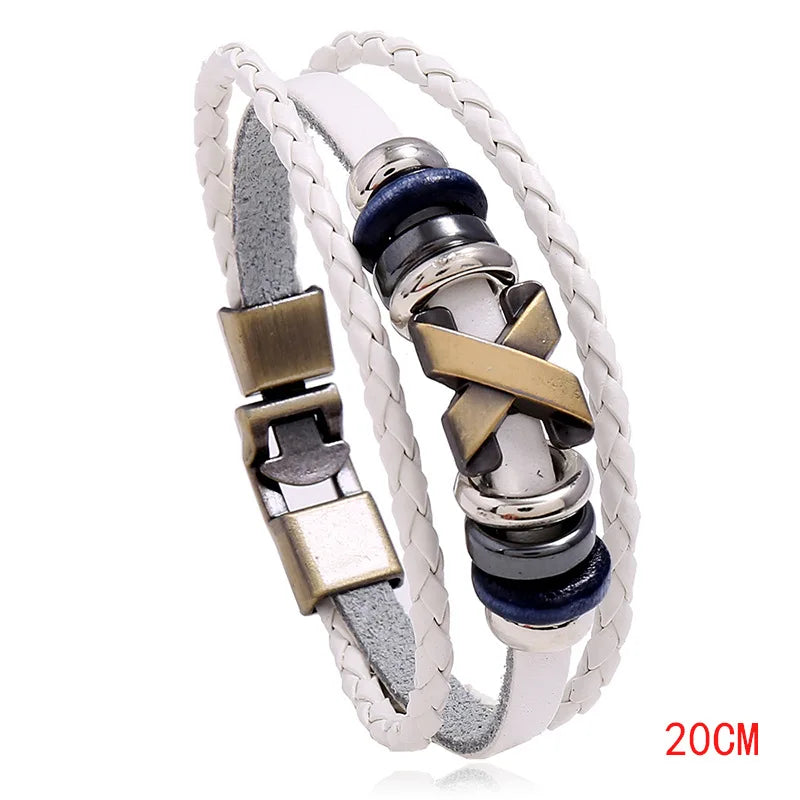 White braided leather bracelet with metal and bead accents on a white background