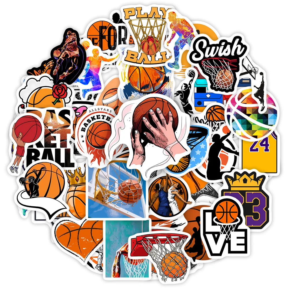 Collection of basketball-themed stickers on a white background