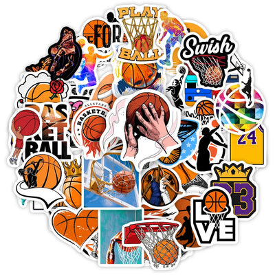 Collection of basketball-themed stickers on a white background