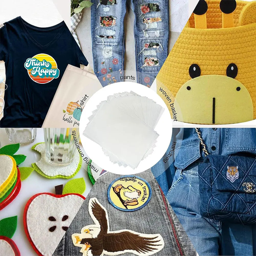 Collage of various items including a t-shirt, jeans with patches, a hat, other accessories, and Iron-On Adhesive Sheets