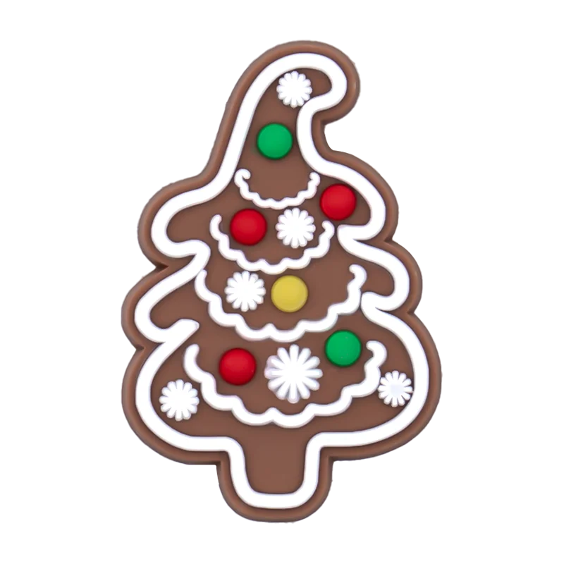 Shoe charm of a Decorative gingerbread tree cookie cutter with colored candies on a white background