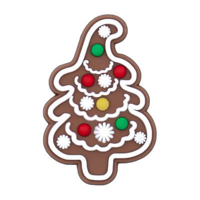 Shoe charm of a Decorative gingerbread tree cookie cutter with colored candies on a white background