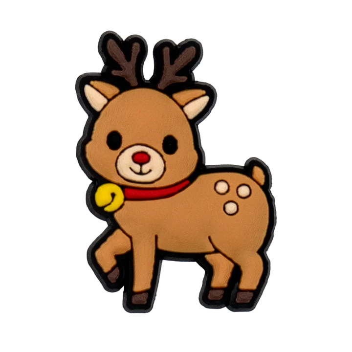 Shoe charm ornament of Cartoon reindeer with a red scarf and yellow bell on a white background