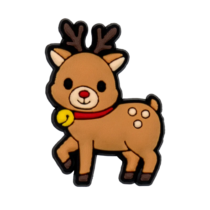 Shoe charm ornament of Cartoon reindeer with a red scarf and yellow bell on a white background