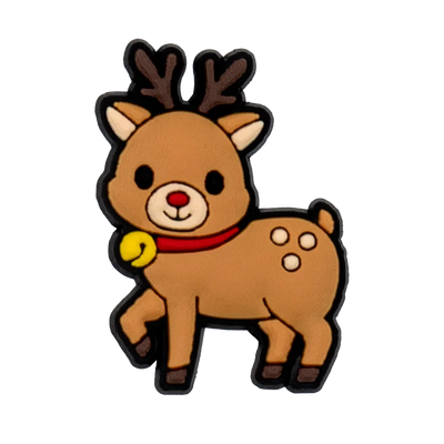 Shoe charm ornament of Cartoon reindeer with a red scarf and yellow bell on a white background
