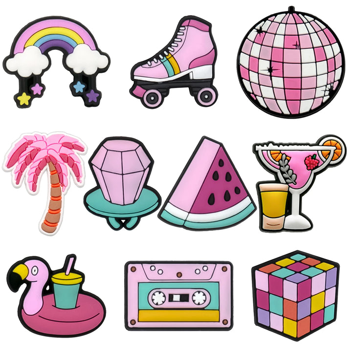 Collection of colorful, cartoon-style shoe charms on a white background