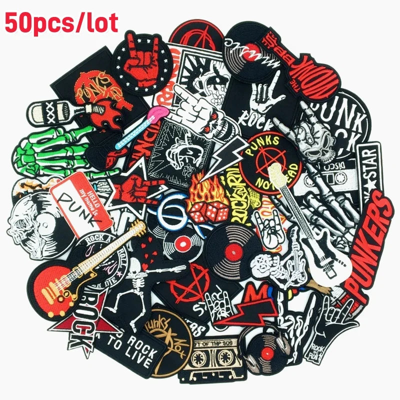 Collection of punk-themed patches with various designs on a white background.