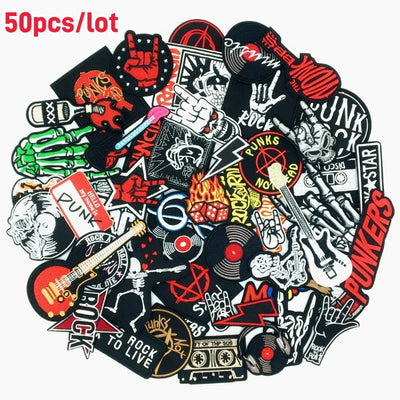 Collection of punk-themed patches with various designs on a white background.