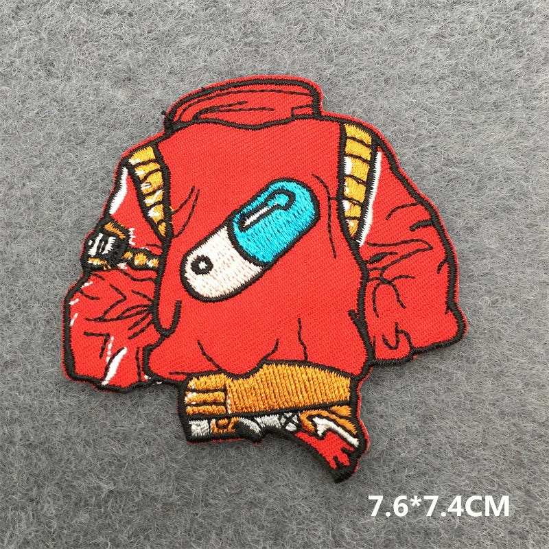 Colorful patch of a character in a red jacket with a blue mask on a gray background