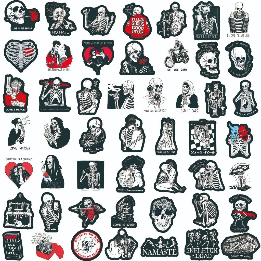 Collection of black and white skeleton-themed stickers on a white background