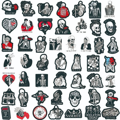 Collection of black and white skeleton-themed stickers on a white background