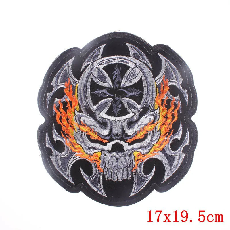 Skull design patch with flames on a white background, branded 'Prajna'.
