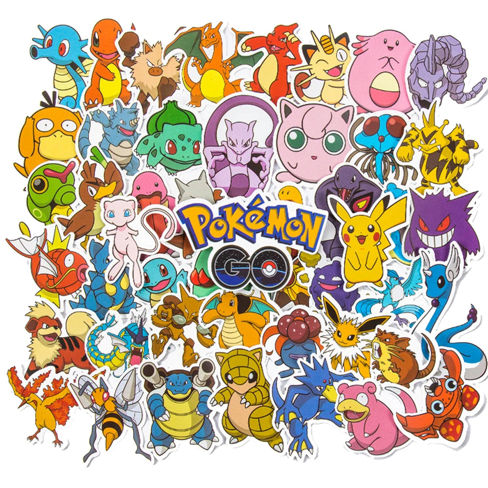 Collection of colorful Pokémon stickers characters with &