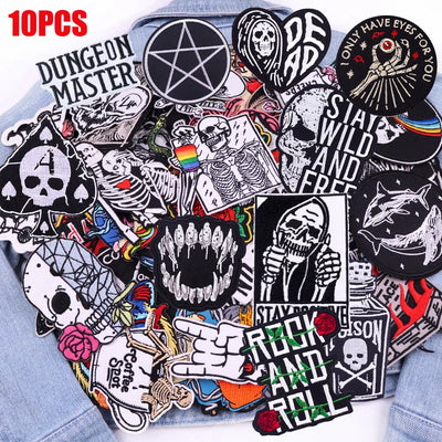 Collection of various stickers with different designs on a denim background