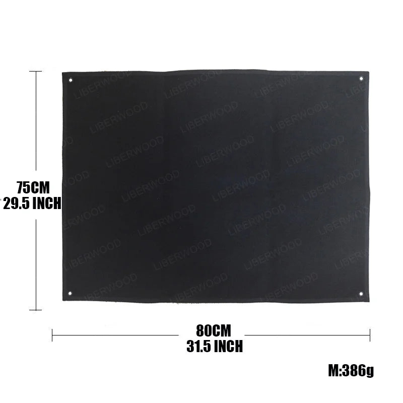 Black patch display board half rolled with dimensions 75x80cm and weight on a white background