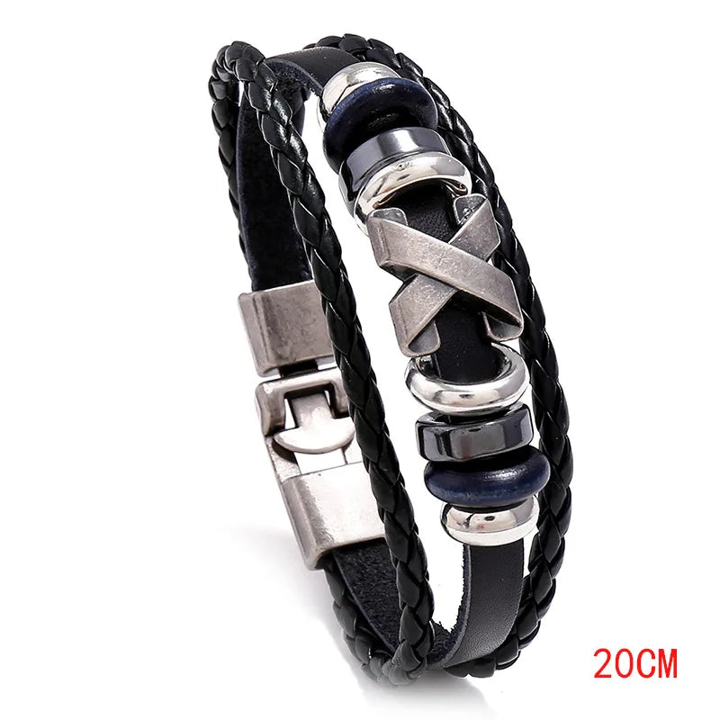 Black braided leather bracelet with silver and blue accents on a white background