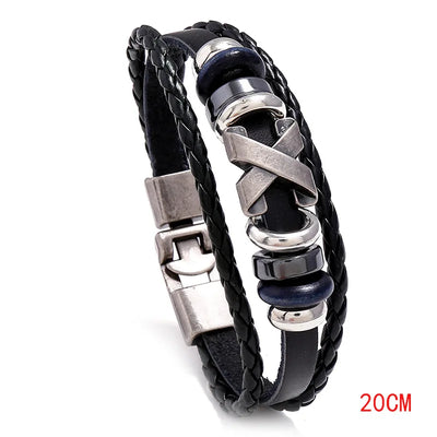 Black braided leather bracelet with silver and blue accents on a white background