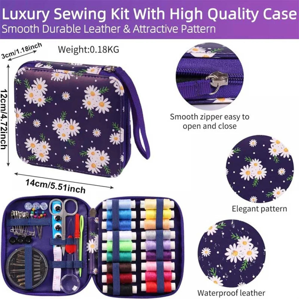 purple Luxury sewing kit with high quality case featuring floral design on a white background