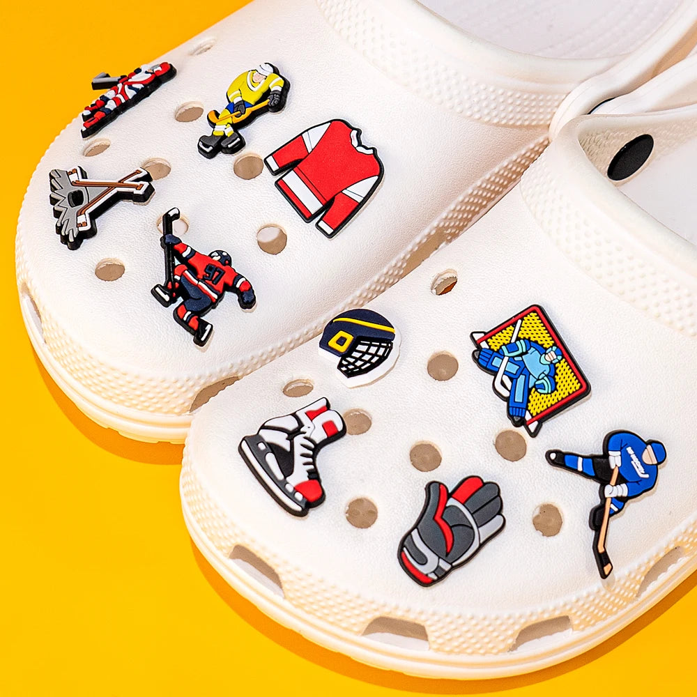 🏒11pcs Hockey Shoe Charms – Colorful Players, Gear & Sticks for Clogs & Sports Fans