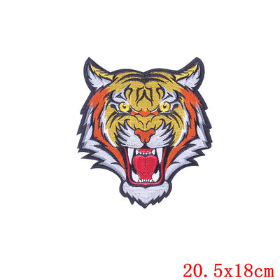 Embroidered patch of a tiger's head with a size label '20.5x18cm' on a white background