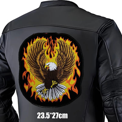 Black leather jacket with an eagle and flames design on the back, size 23.5*27cm.
