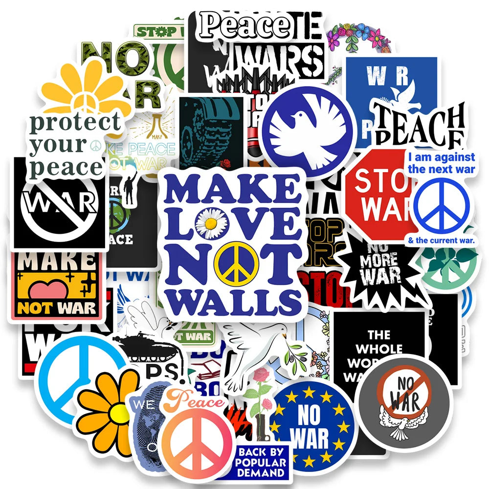 Collection of anti-war and peace-themed stickers on a white background