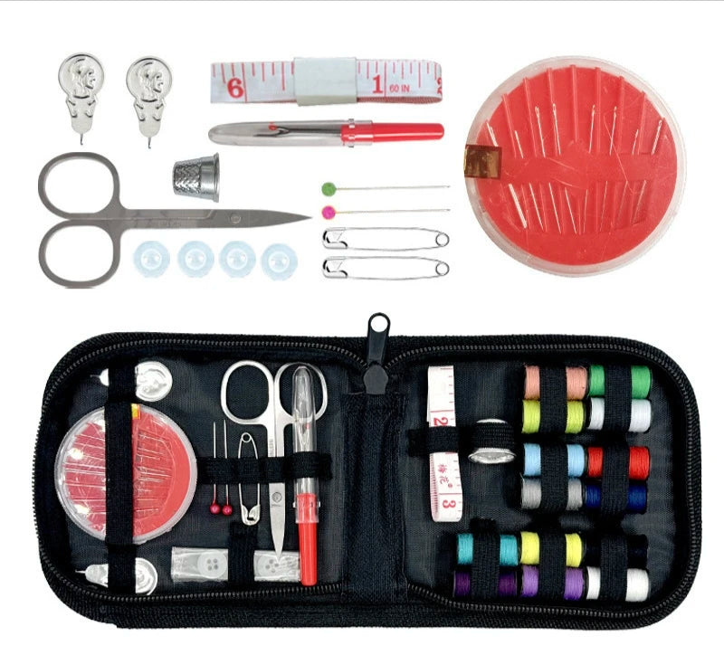 Portable sewing kit case with thread spools needles scissors buttons and repair tools