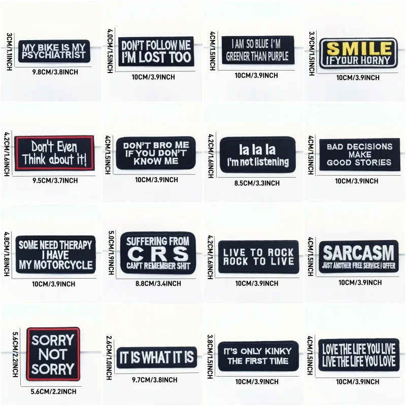 Collection of humorous and expressive stickers with various sayings and their sizes on a white background.