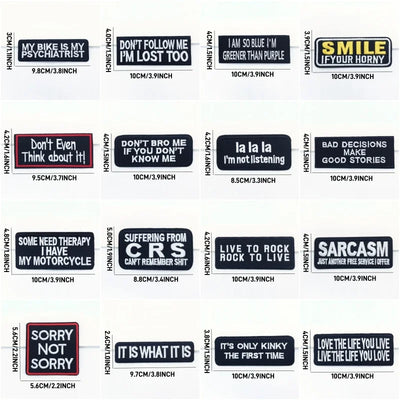 Collection of humorous and expressive stickers with various sayings and their sizes on a white background.