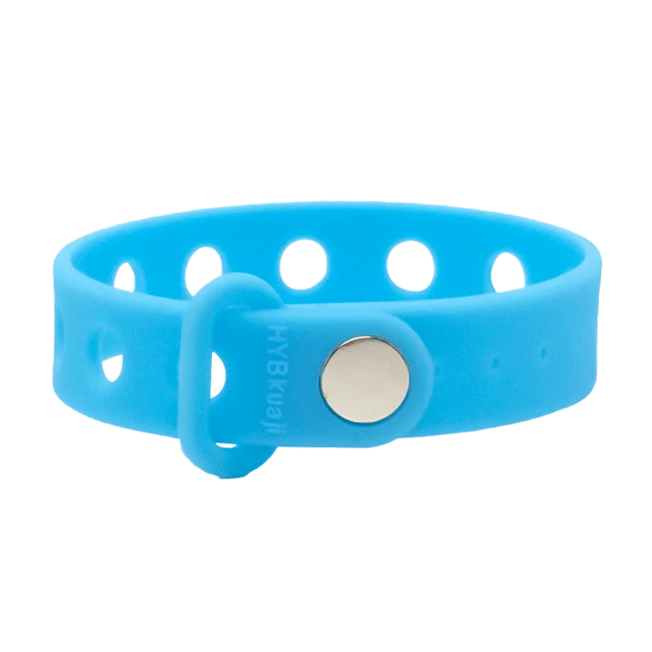 Blue wrist band with a silver buckle on a white background