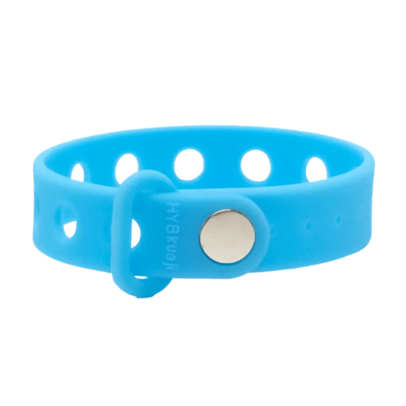 Blue wrist band with a silver buckle on a white background