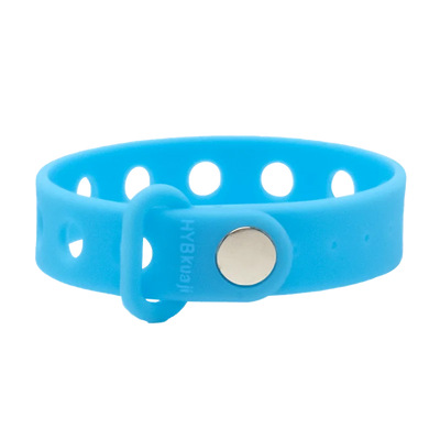 Blue wrist band with a silver buckle on a white background