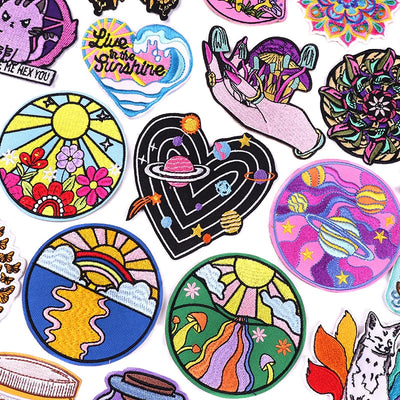 Collection of colorful patches with various designs on a white background