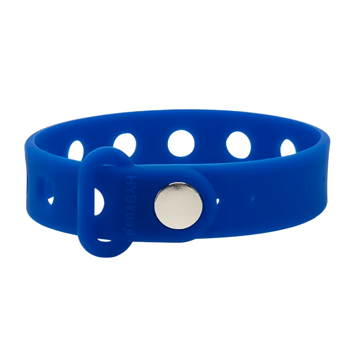 blue silicone wrist band with a silver buckle on a white background