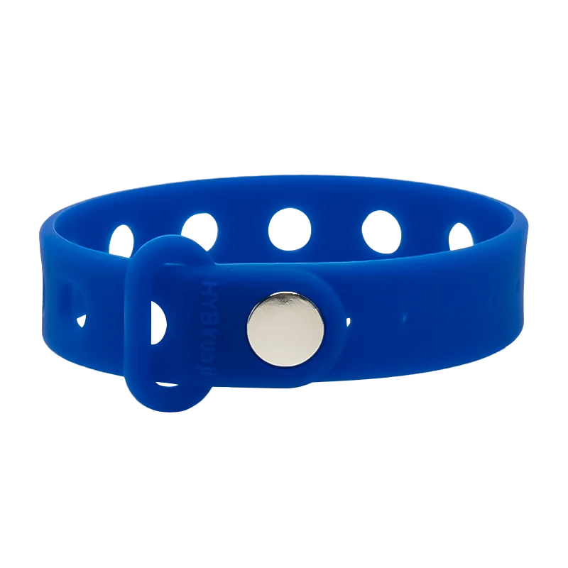 blue silicone wrist band with a silver buckle on a white background